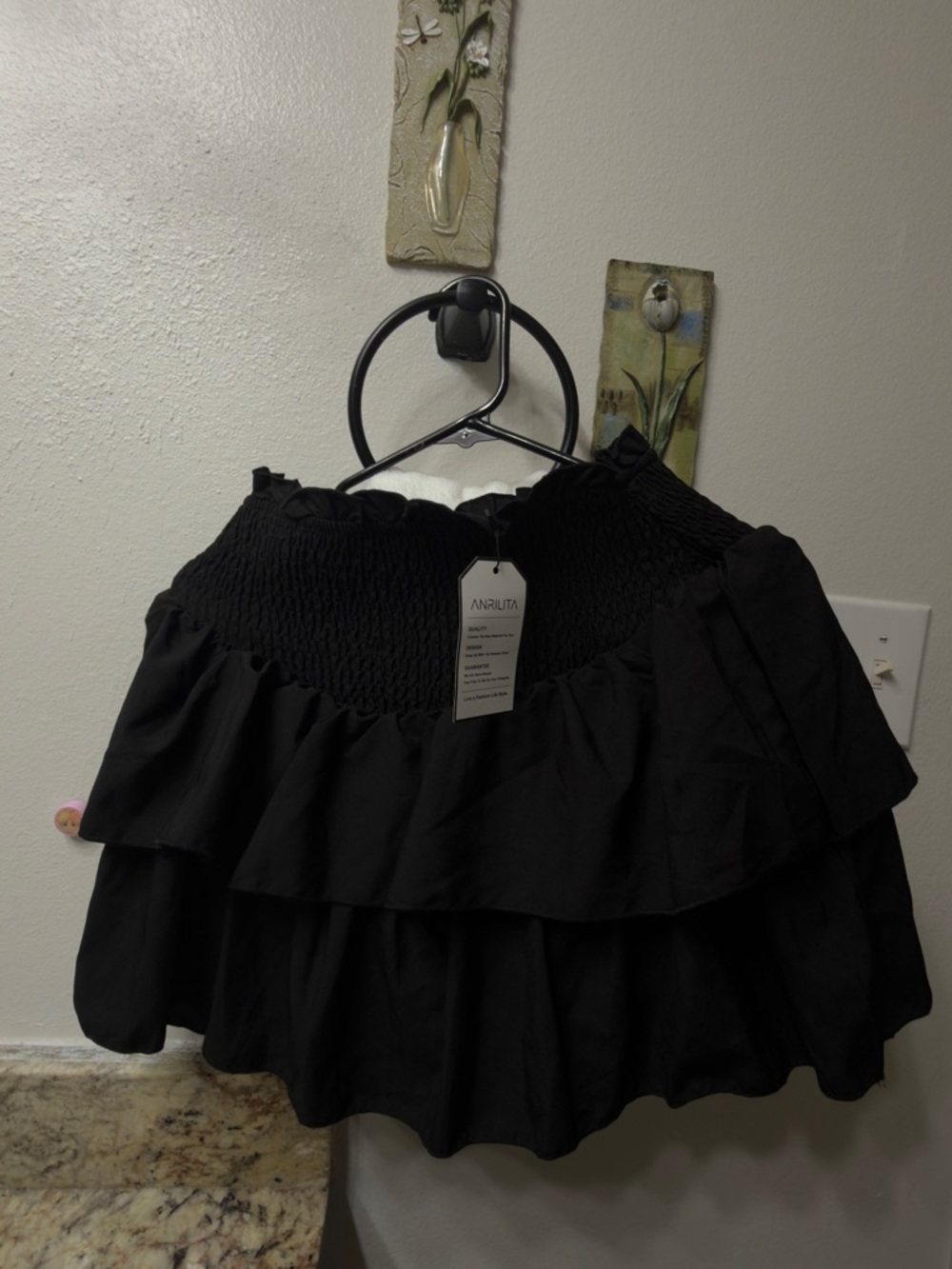 ANRUITA Black Ruffle Smocked Mini Skirt